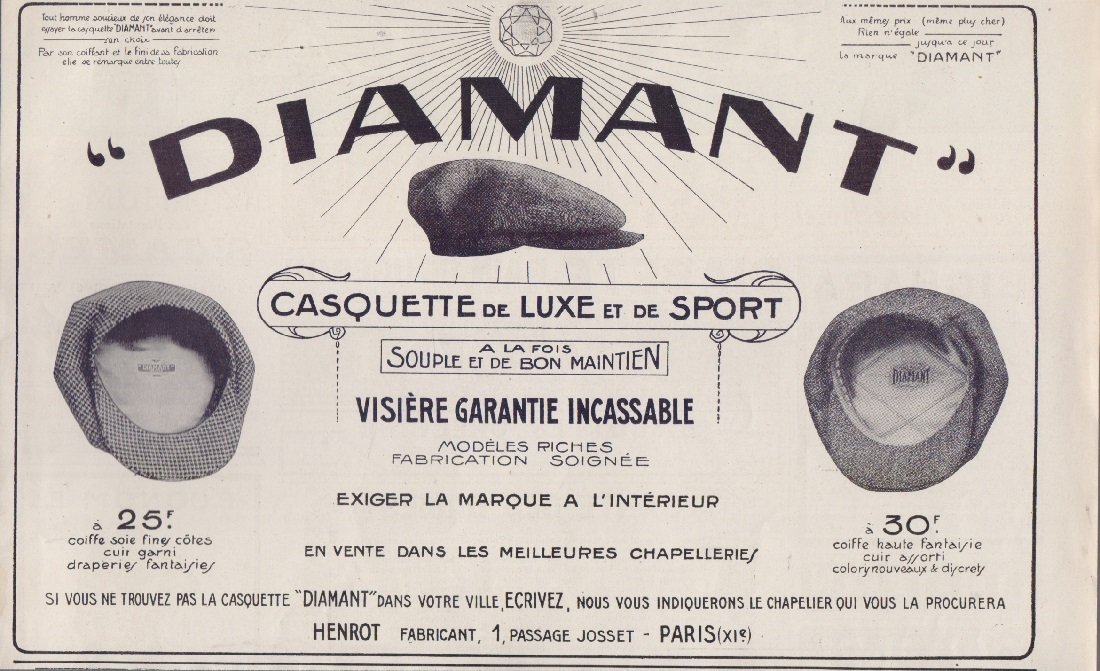 Diamant. Casquette de luxe et de sport. Advertising 1925 | Immagine principale