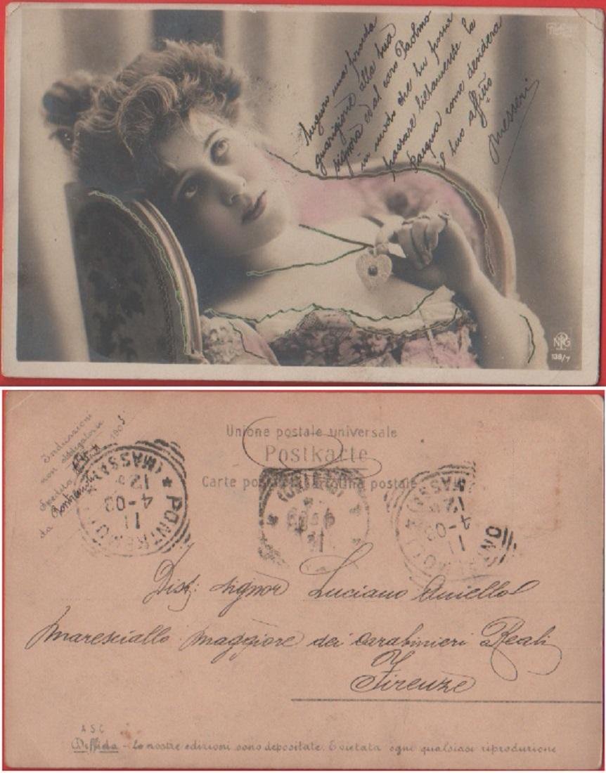 Donna con gioiello. Viaggiata 1903. Fotografica, colorata | Immagine principale