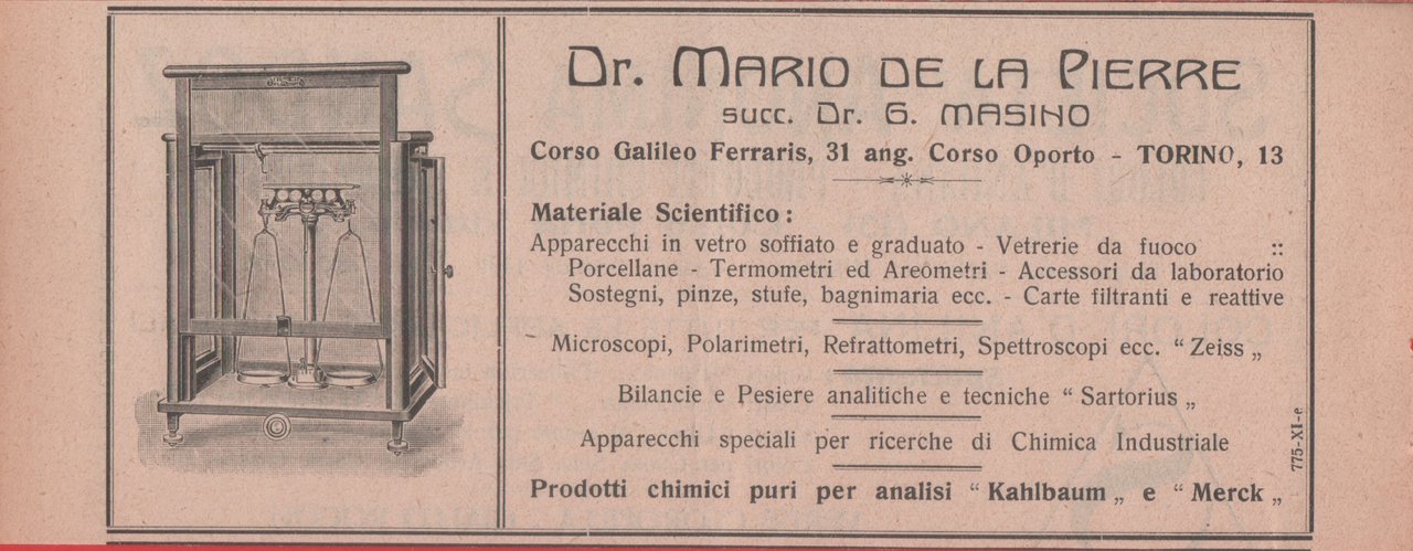 Dr. Mario De La Pierre. Materiale scientifico. Torino. Advertising 1926 | Immagine principale