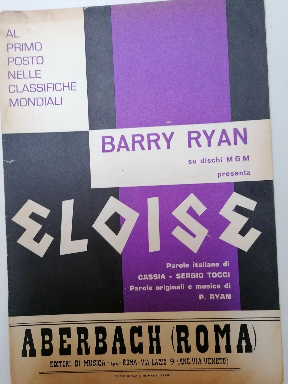 Eloise - Barry Ryan - spartito musicale d'epoca, 1968 (Aberbach)