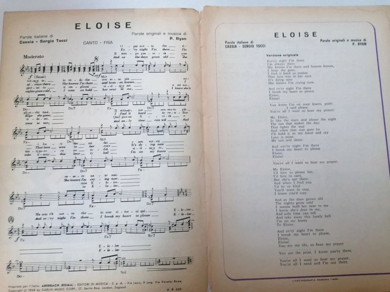 Eloise - Barry Ryan - spartito musicale d'epoca, 1968 (Aberbach)