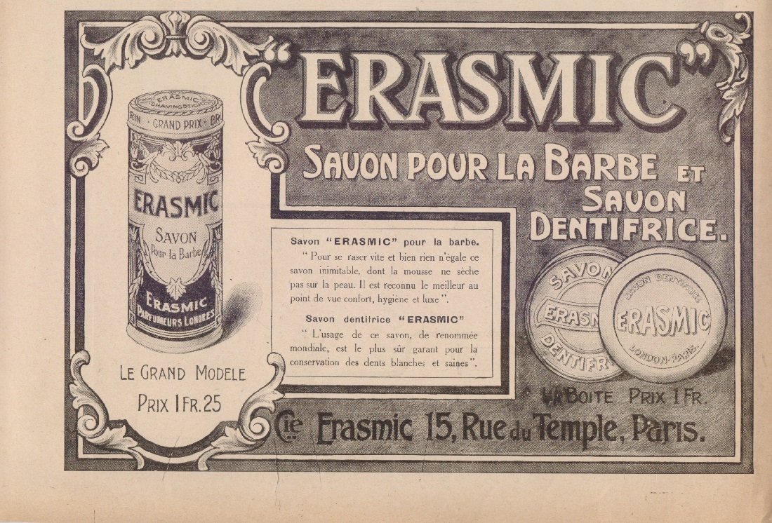 Erasmic savon pour la barbe et savon dentifrice. Advertising 1916 | Immagine principale
