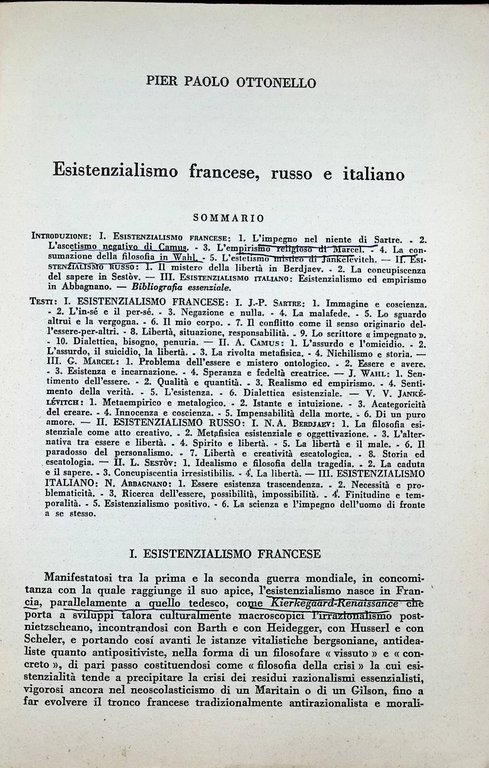 Esistenzialismo Francese Russo e Italiano Libro Ottonello Marzorati 1975 Raro