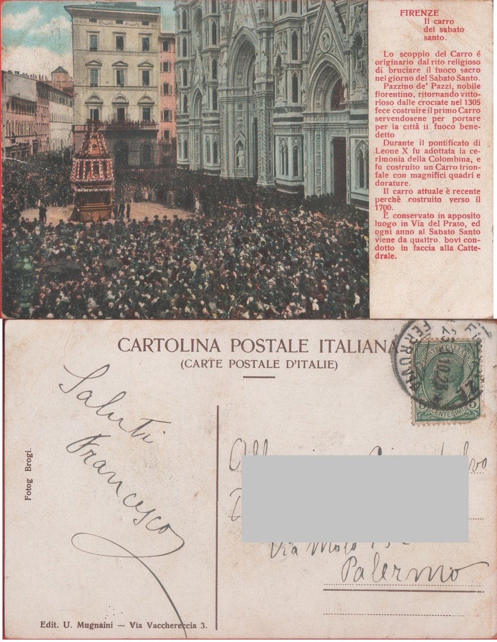 Firenze. Il carro del sabato santo. Viaggiata 1923 | Immagine principale