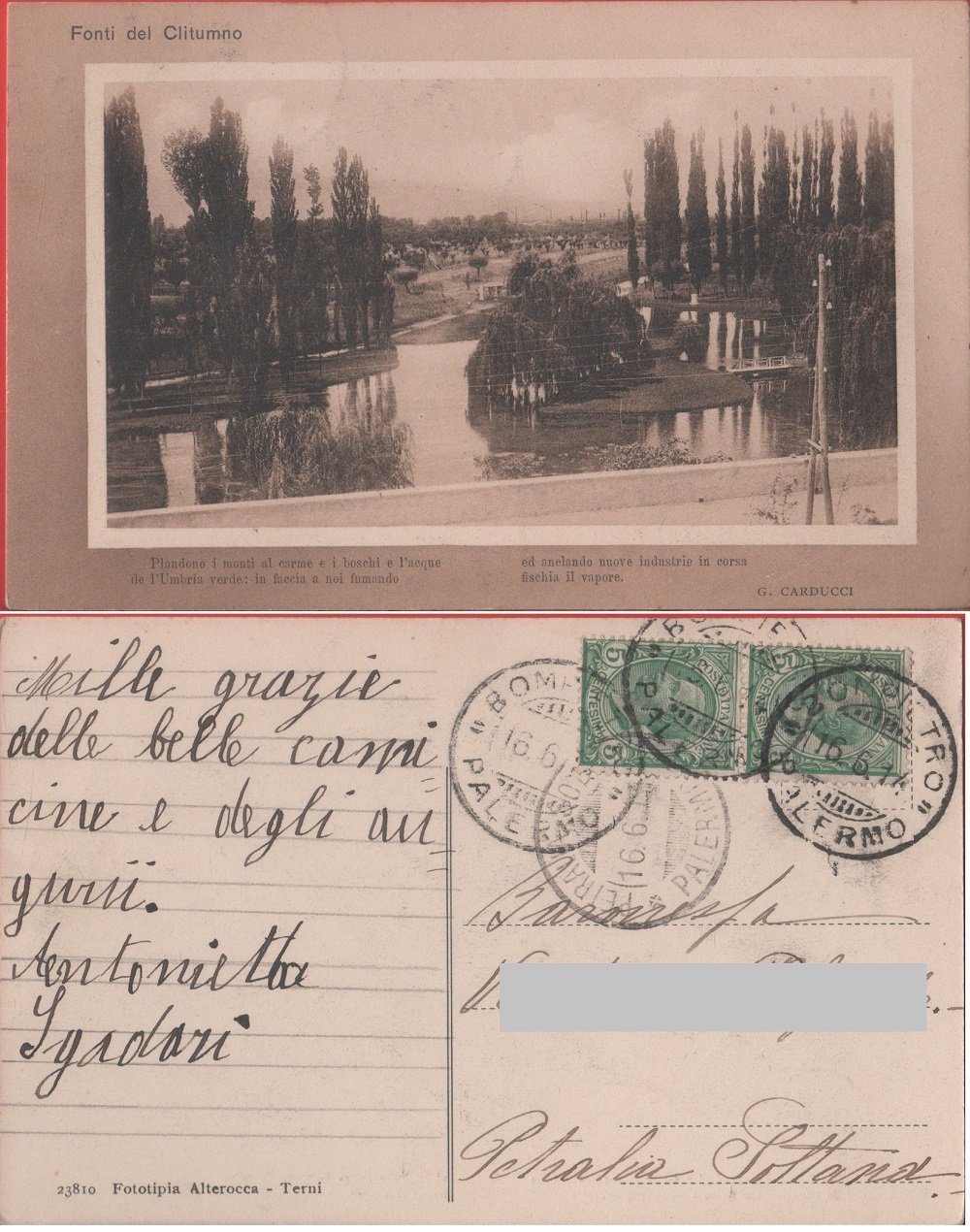 Fonti del Clitumno (PG). Verso Carducci. Viaggiata 1914 | Immagine principale