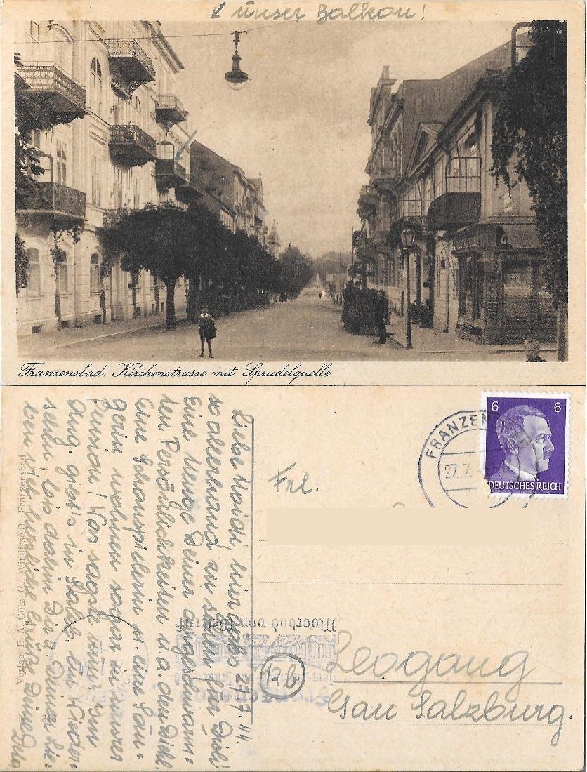 Franzensbad, Kirchenstrasse mit Sprudelquelle. Viaggiata 1944 | Immagine principale