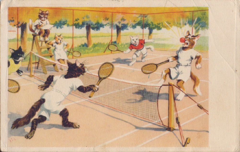 Gatti che giocano a tennis . Viaggiata 1945 | Immagine principale