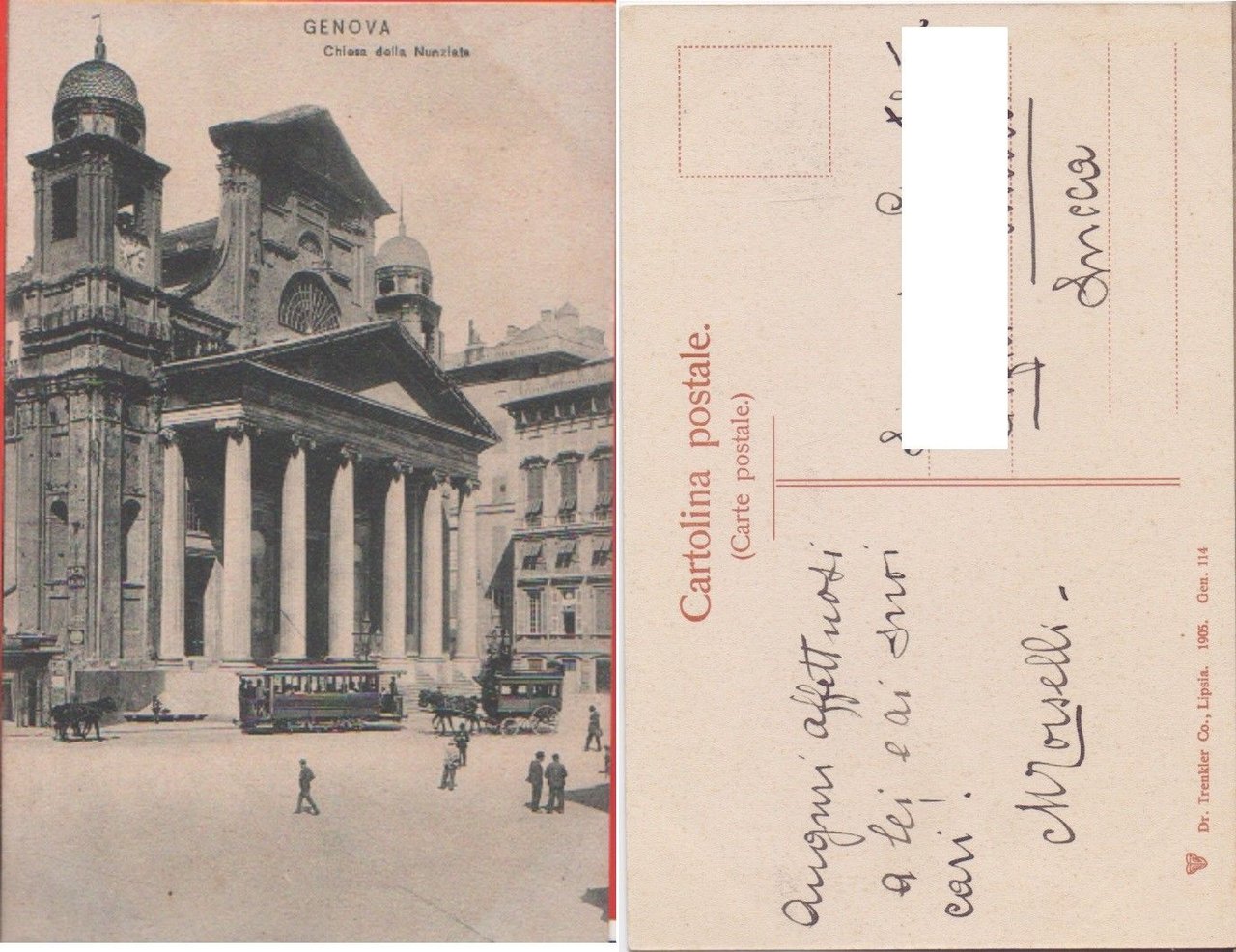 Genova. Chiesa della Nunziata. Animata, tram, carrozze. Viaggiata non affrancata | Immagine principale