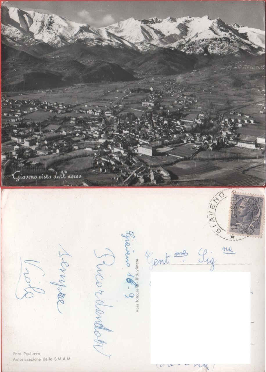 Giaveno (TO). Vista dall'aereo. Viaggiata 1960 | Immagine principale