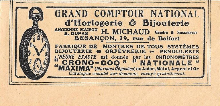 Grand comptoir national d'horlogerie &amp; bijouterie, Besancon.. Pubblicita 1930