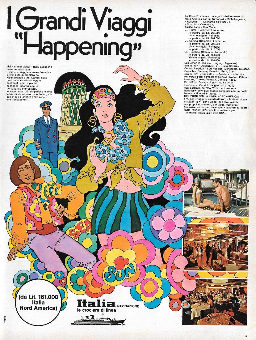 Grandi viaggi "Happening". Italia Navigazione. Advertising 1970 | Immagine principale