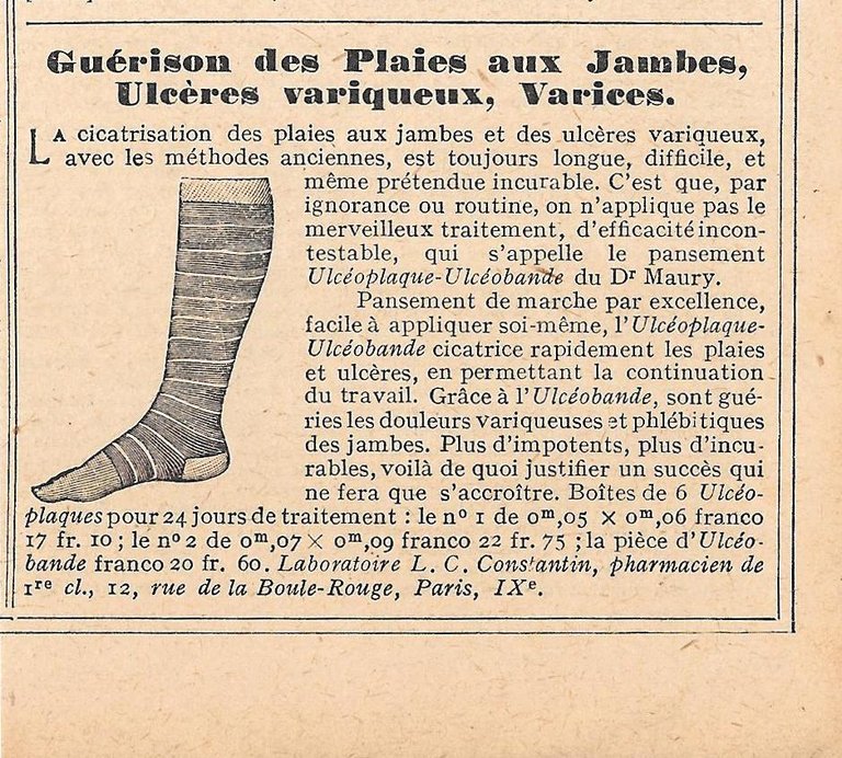 Guerison des plaines aux jambes, ulceres variqueux, varices. Pubblicita 1923
