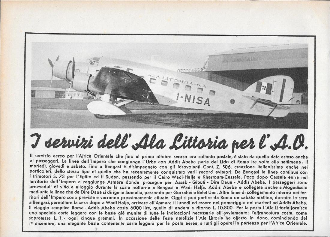 I Servizi dell'Ala Vittoria per l'Africa Orientale. Advertising 1939 | Immagine principale