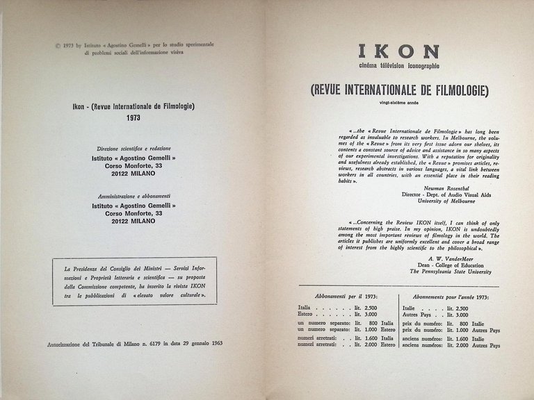 Ikon. Rivista Triestrale Ottobre-Dicembre 1973 - Cinema Televisione Iconografia Filmologia | Immagine Gallery 3