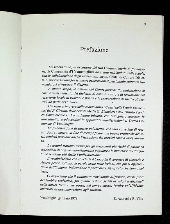 Imparamu u Ventemegliusu Libro Dialetto Ventimiglia Azaretti Villa Crespi 1979