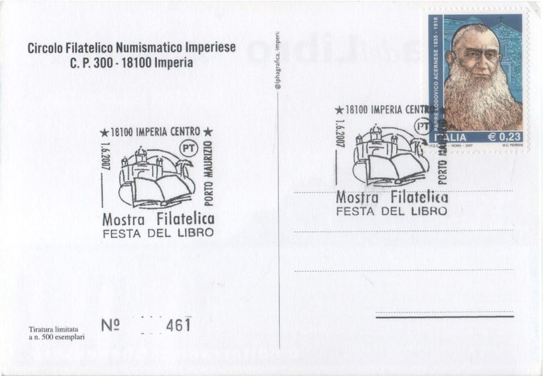 Imperia. 6a Fiera del Libro. Mostra filatelica. 2007. Numerata 461/500 | Immagine Gallery 2