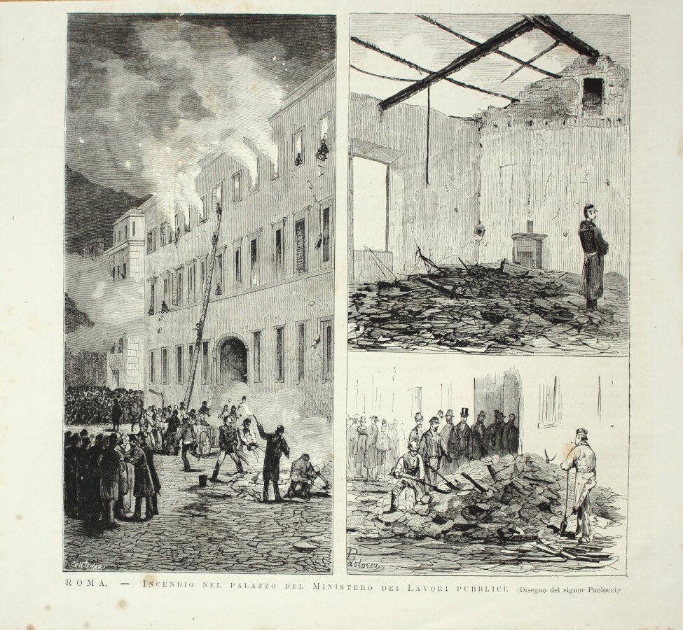 Incendio nel palazzo del Ministero dei Lavori Pubblici. Stampa 1876 | Immagine principale