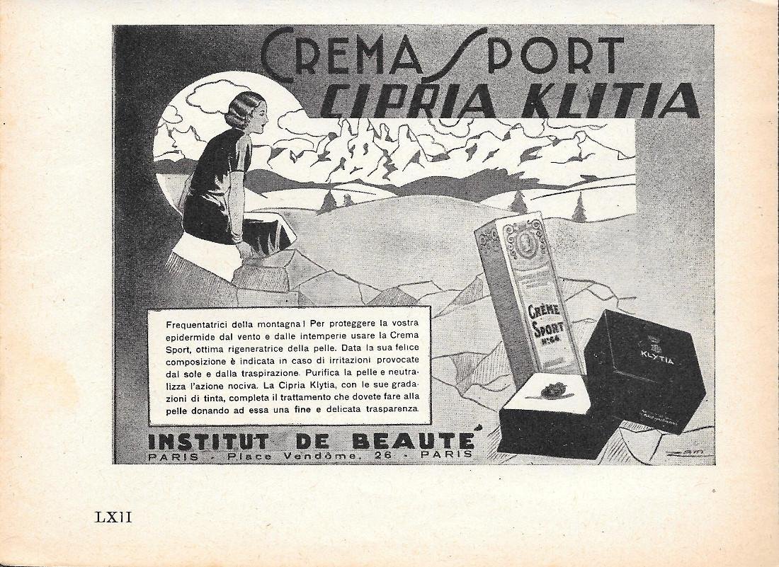 Institut de Bauté. Crema sport, Cipria Klitia. Advertising 1935 | Immagine principale