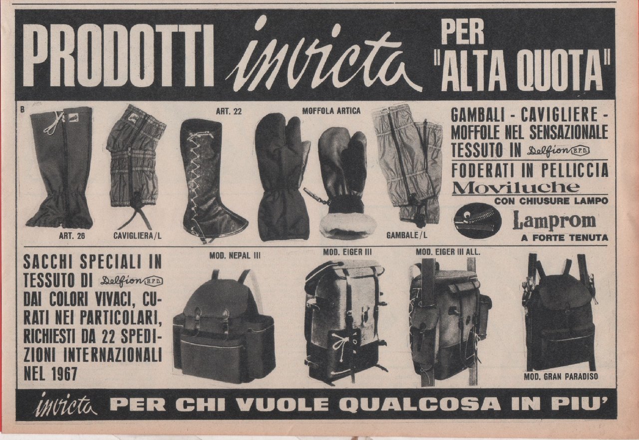 Invicta. Prodotti per alta quota. Advertising 1968 | Immagine principale