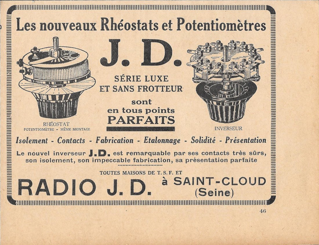 J.D. le nouveaux rheostats et potentiometres - Advertising 1929 | Immagine principale