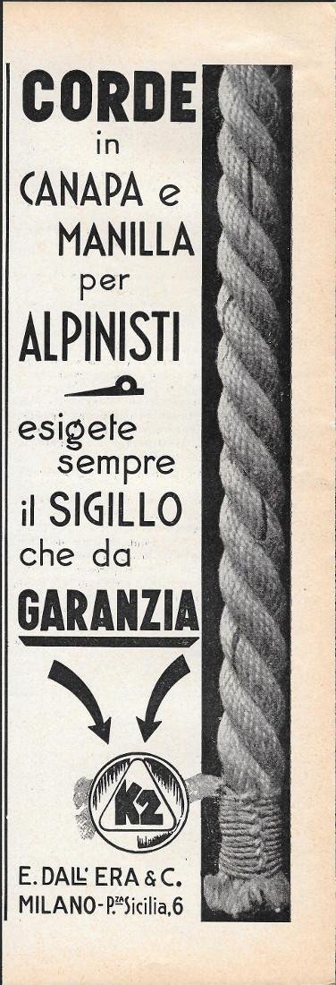 K2. Corde in canapa e manilla per alpinisti. Advertising 1935 | Immagine principale
