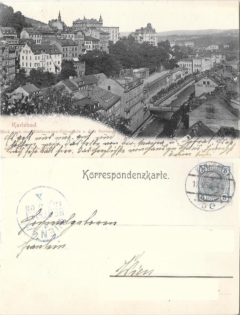Karlsbad, Blich nach der Muhlbrunnen-Colonnade u. dem Kurhaus . Viaggiata … | Immagine principale