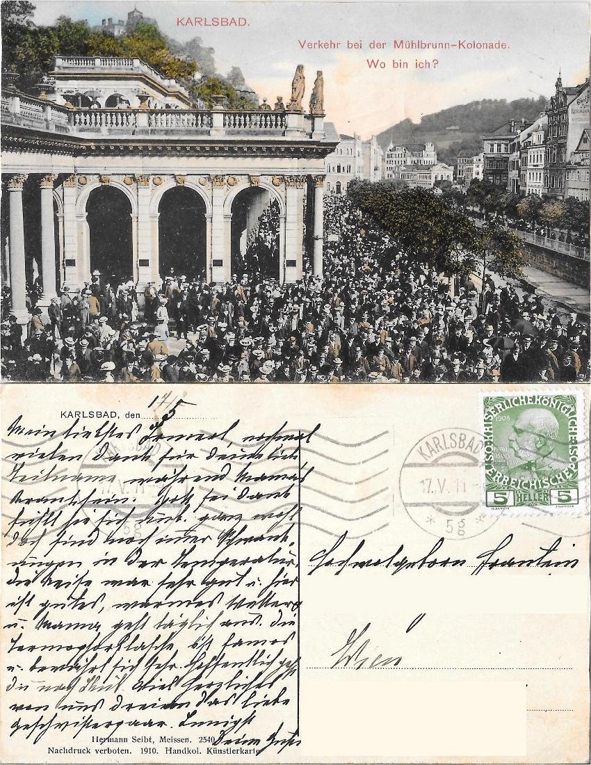 Karlsbad. Verkehr bei der Muhlbrunnen-Kolonade. Viaggiata 1911 | Immagine principale