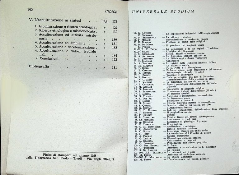 L'Acculturazione Dei Popoli Primitivi Libro Mario Forno Universale Studium 1968