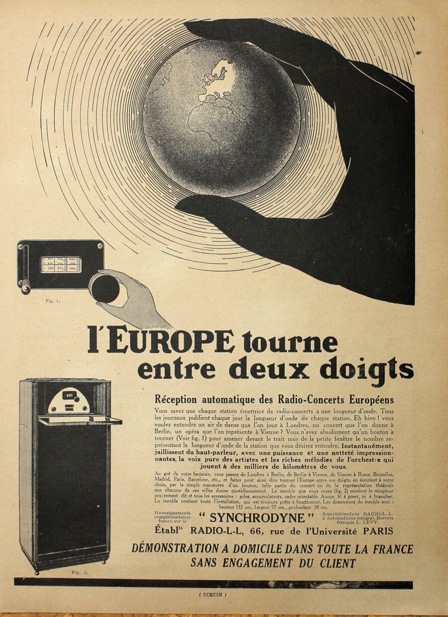 L'Europe tourne entre deux doigts. Syncrodyne Radio L.L. Advertising 1927 | Immagine principale