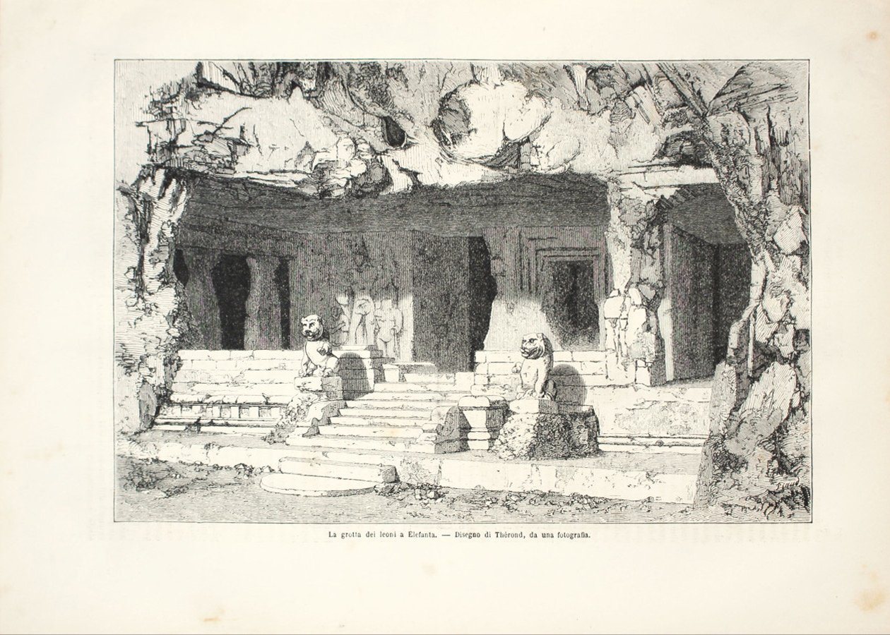 La grotta dei leoni a Elefanta (Malabar). Stampa 1863 | Immagine principale