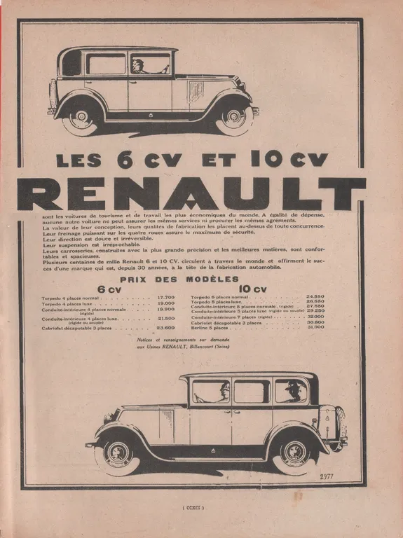 Le 6 CV et 10 CV Renault. Advertising 1928