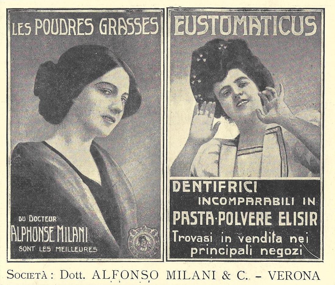 Les poudres grasses, Eustomaticus, Dentifrici. Alfonso Milani Verona. Advertising 1914 | Immagine principale