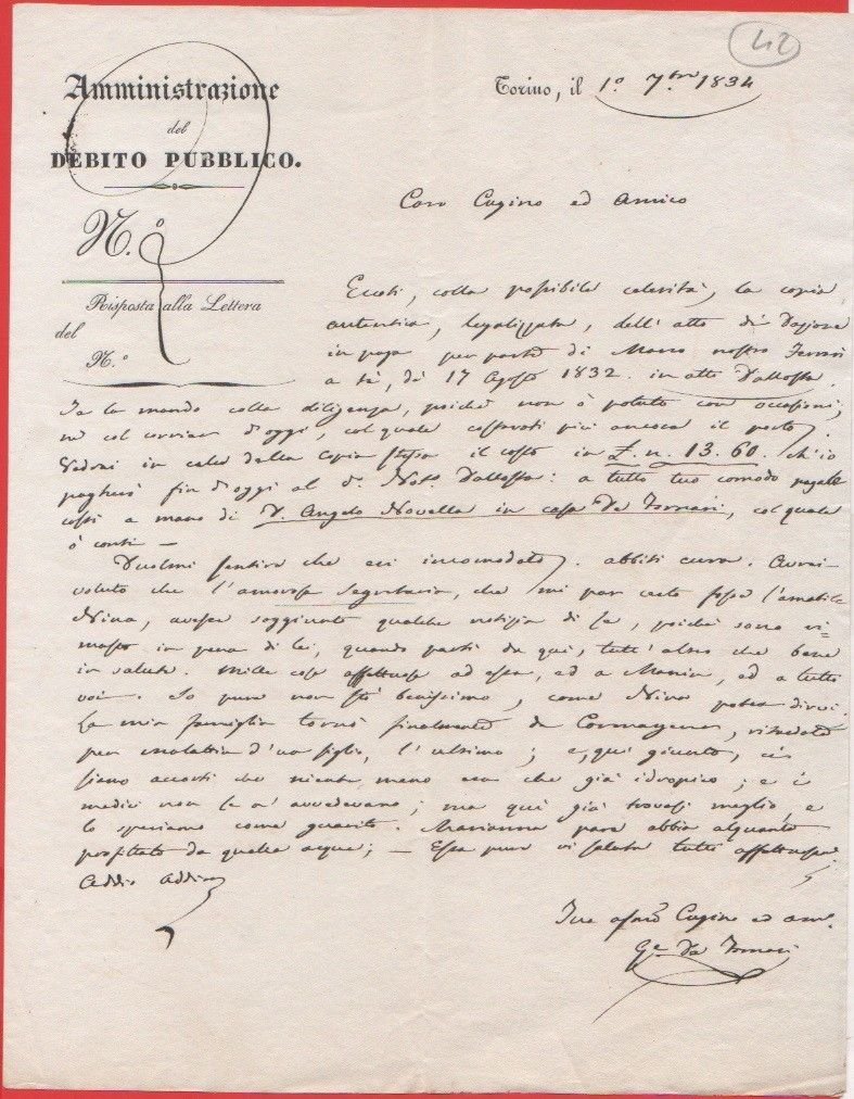 Lettera privata su carta intestata Amministrazione Debito Pubblico. Torino 1834 | Immagine principale
