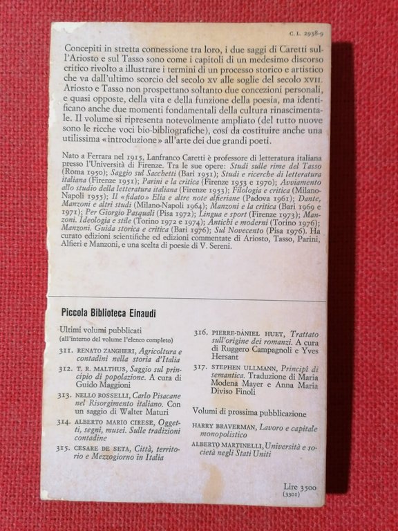 LIBRO Lanfranco Caretti ARIOSTO E TASSO Piccola Biblioteca Einaudi 1977