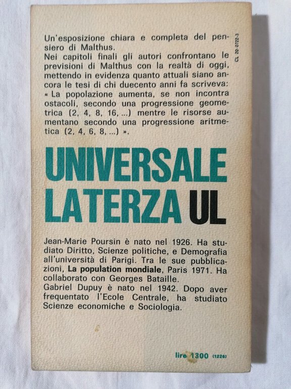 LIBRO MALTHUS POURSIN DUPUY LATERZA 1974 prefazione Giorgio Nebbia storia
