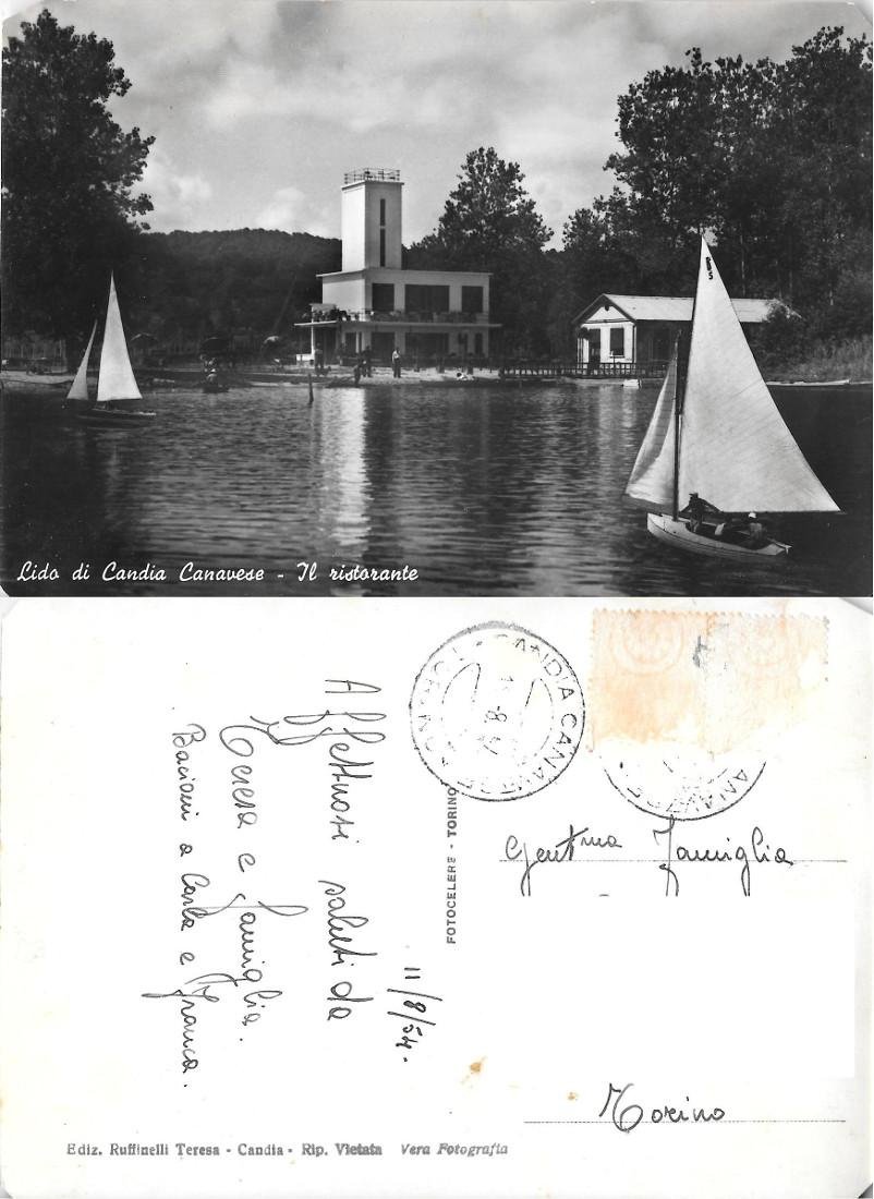 Lido di Candia Canavese. Il ristorante. Viaggiata 1954 | Immagine principale
