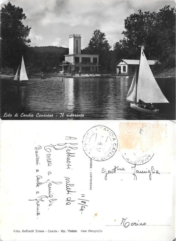 Lido di Candia Canavese. Il ristorante. Viaggiata 1954 | Immagine Gallery 2