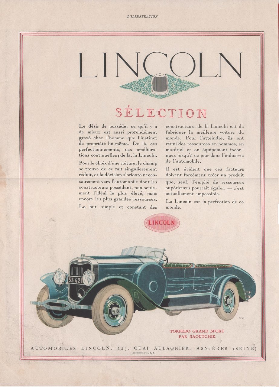 Lincoln Torpedo e Lincoln Cabriolet. Advertising 1926 fronte/retro | Immagine principale