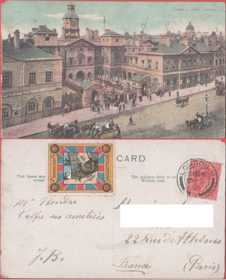 London. Horse guards. Viaggiata 1906. Erinnofilo Langashire Fusiliers | Immagine principale