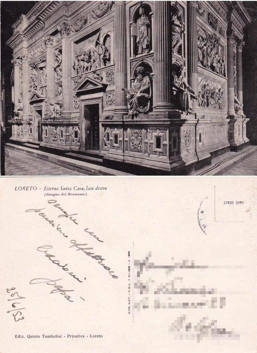 Loreto. Esterno Casa Santa, lato destro. Viaggiata 1953 | Immagine principale