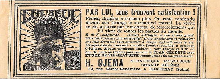 Lui seul connait. H. Djema, Chatenay (Seine). Pubblicita 1930