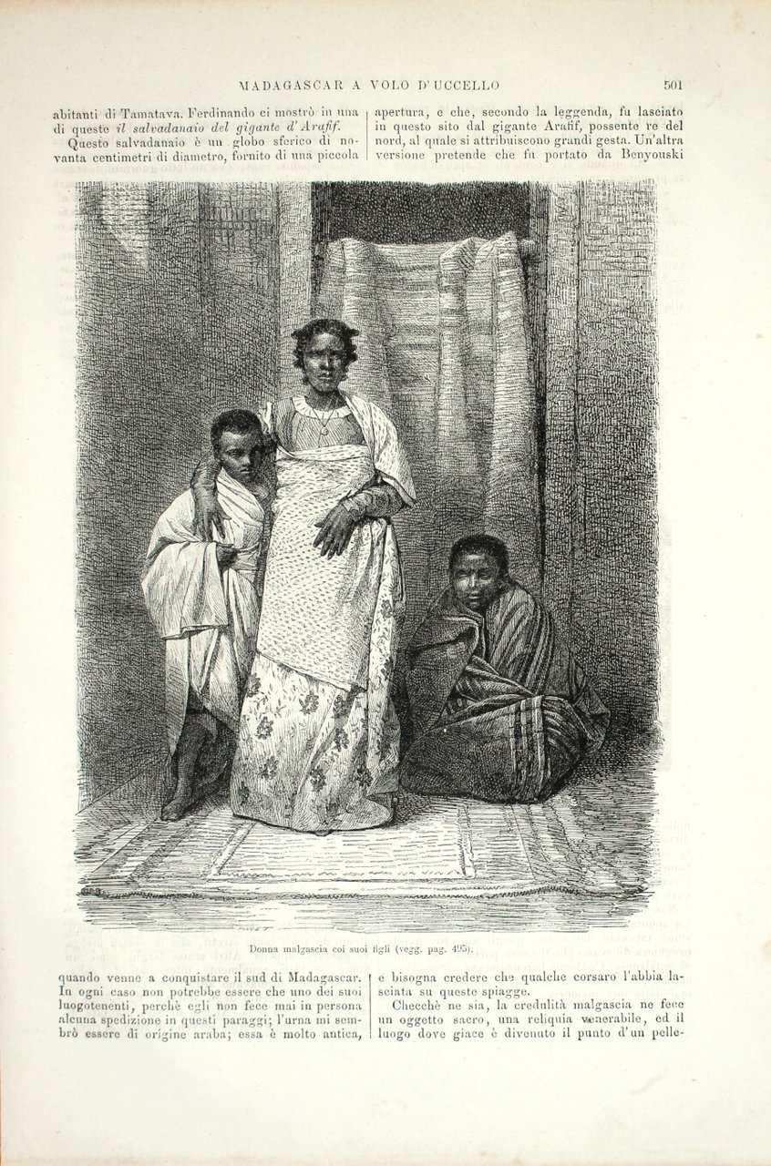Madagascar: Donna malgascia con i suoi figli/Cimitero malgascio. Stampa 1864 | Immagine principale
