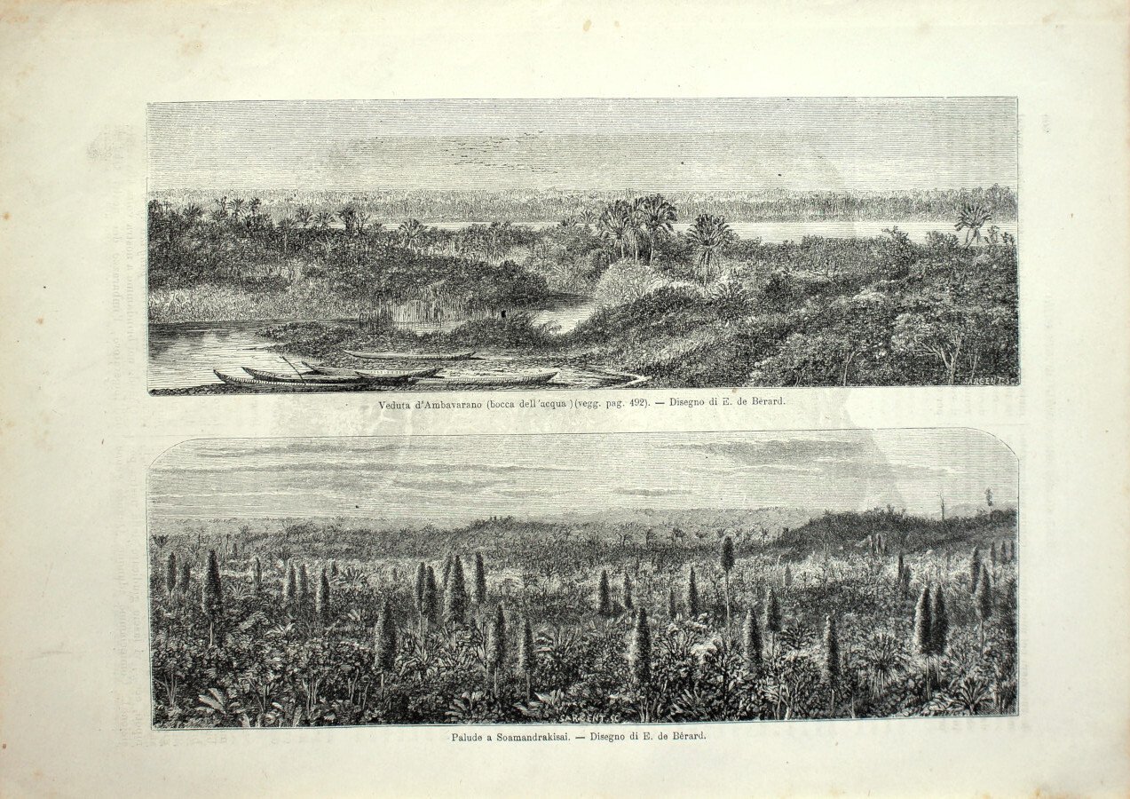 Madagascar: Veduta d'Ambavarano; Palude a Soamandrakisai. Stampa 1864 | Immagine principale