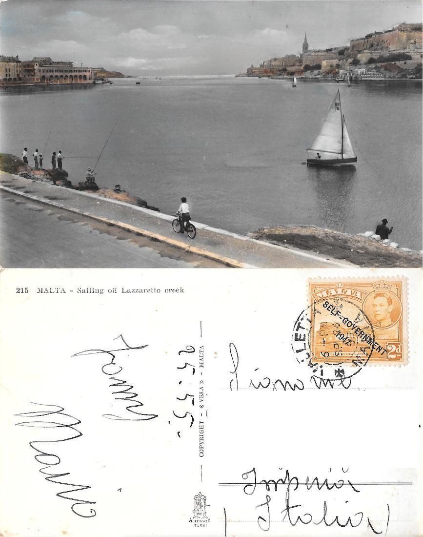 Malta. Sailing off Lazzaretto creek. Viaggiata 1955, francobollo sovrastampa 1947 | Immagine principale