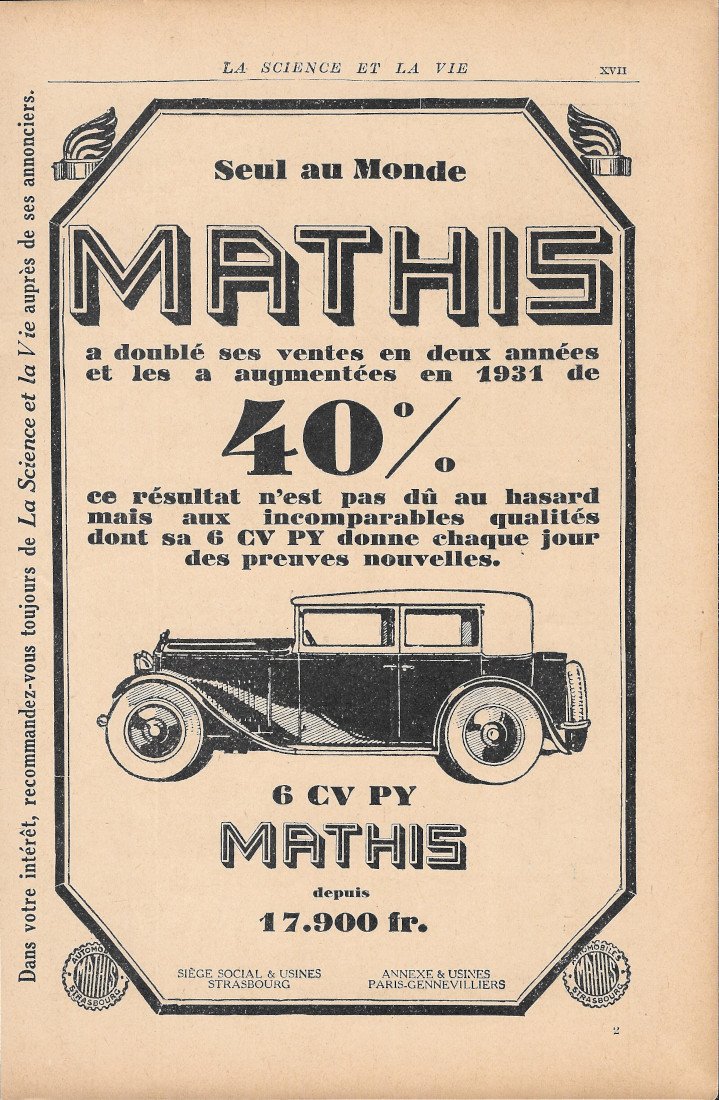 Mathis 6 CV PY - Advertising 1931 | Immagine principale