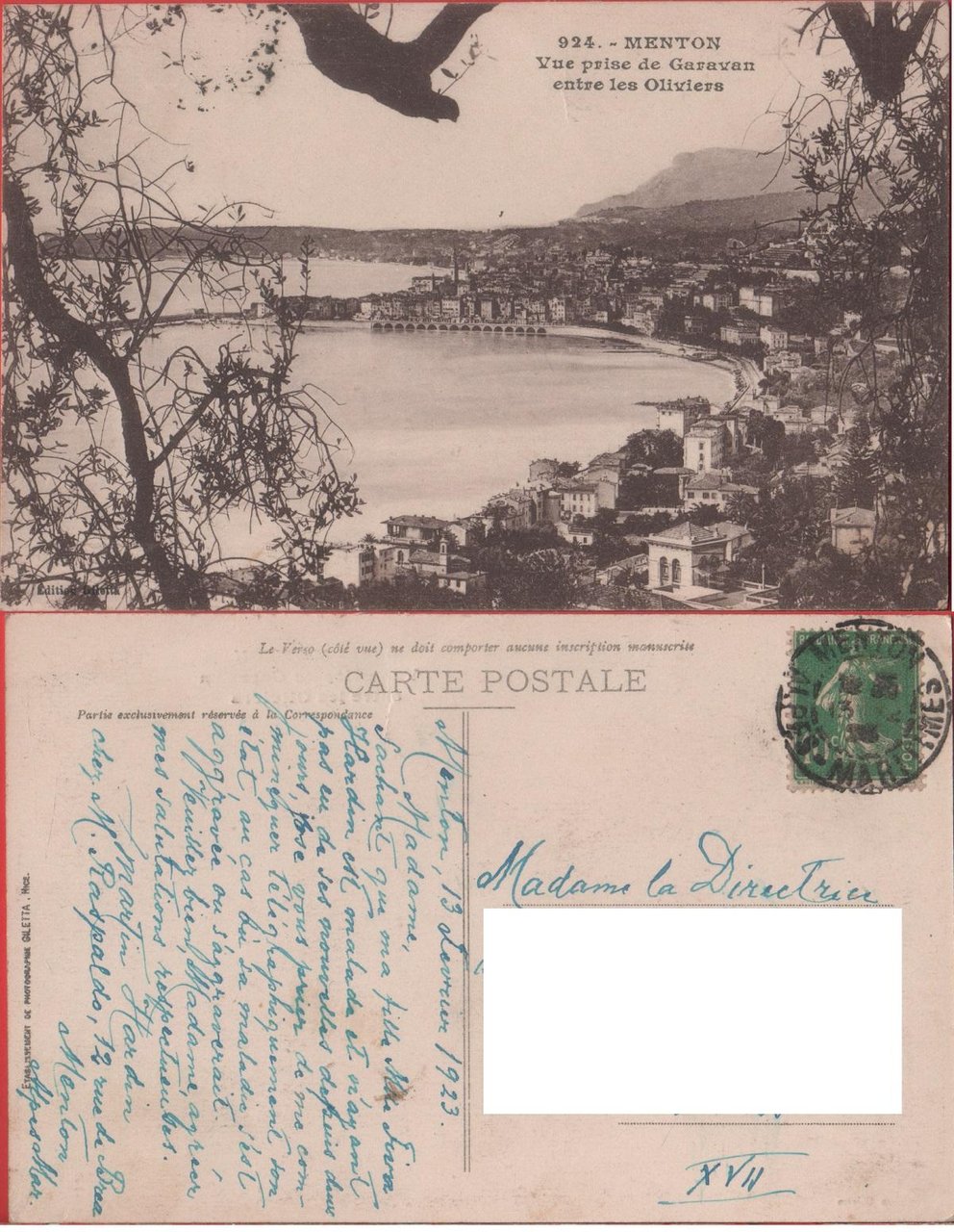 Menton. Vue prise de Garvan entre les Oliviers. Viaggiata 1923 | Immagine principale