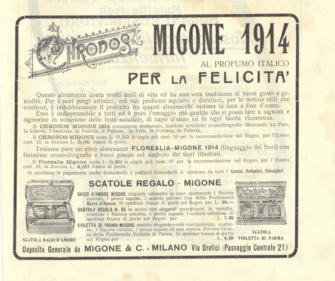 Migone 1914 al profumo italico per la felicità. Advertising 1913 | Immagine principale