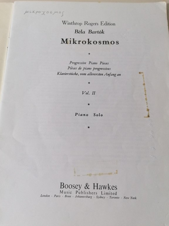 Mikrokosmos Bela Bartok Spartito 3 Volumi Pianoforte Boosey Hawkes