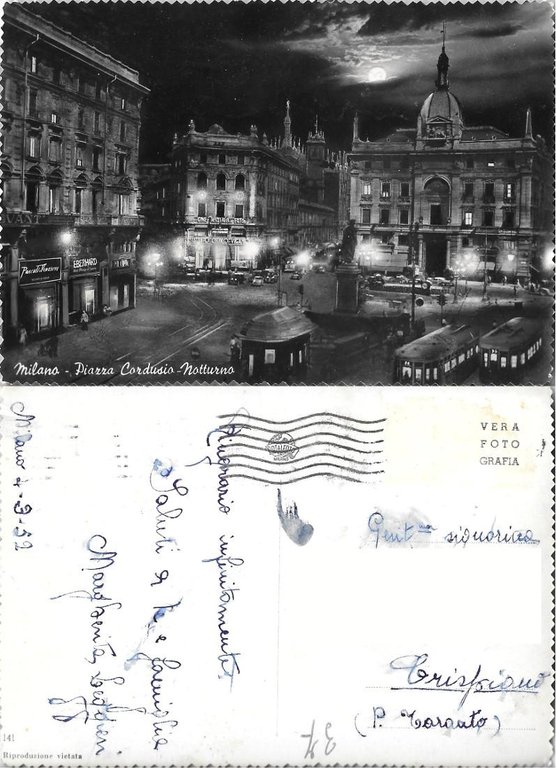 Milano. Piazza Cordusio. Notturno. Viaggiata 1952
