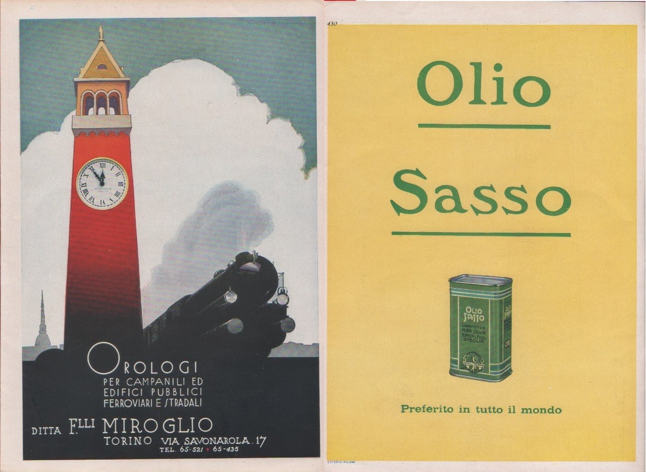 Miroglio orologi per campanili, edifici / Olio Sasso. Advertising 1937 | Immagine principale
